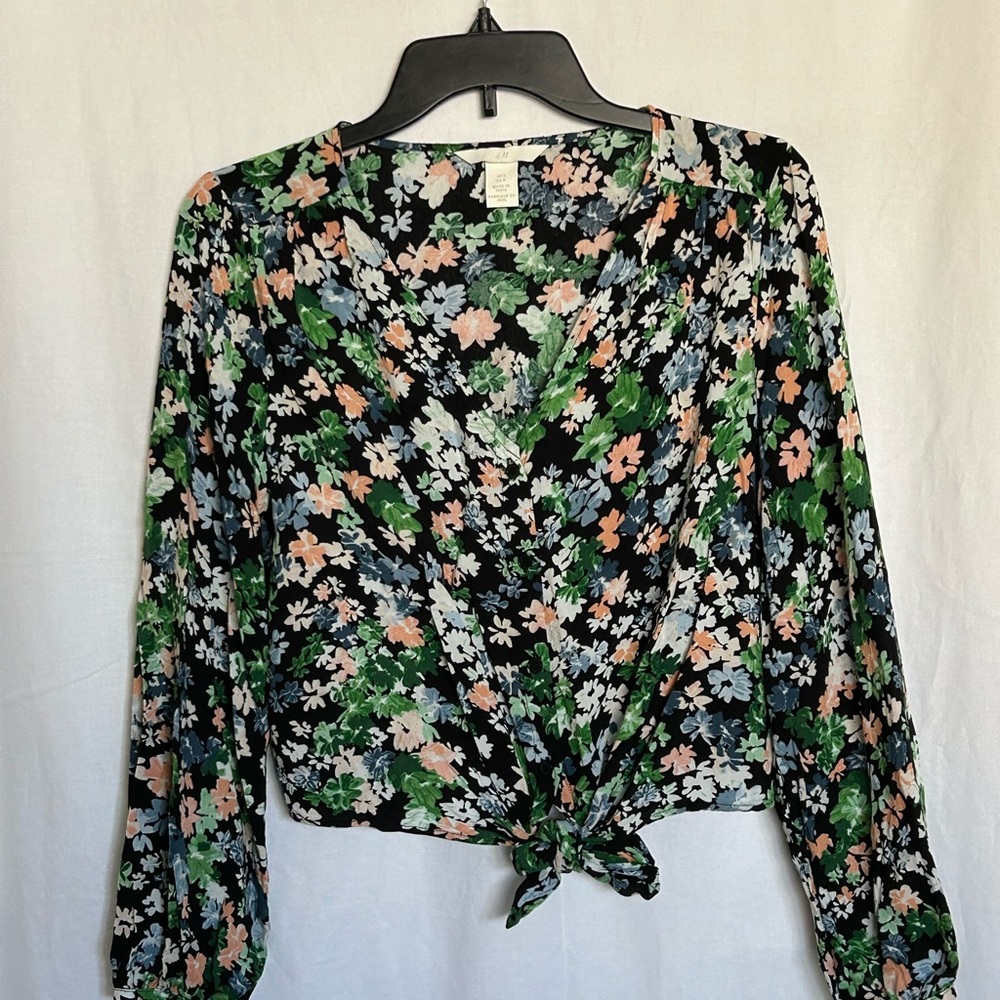 H&M - Floral Wrap Top - Black, Green, White